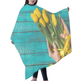 Personality  Top View Of Hands Holding Beautiful Yellow Tulips With Ribbon  Hair Cutting Cape