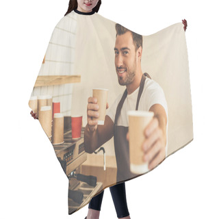 Personality  Barista Showing Coffee To Go Hair Cutting Cape