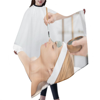 Personality  Side View Of Beautician Holding Bowl And Applying Clay Mask On Face Of Woman In Spa Center Hair Cutting Cape