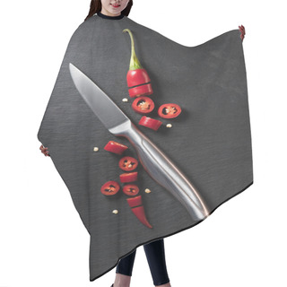 Personality  Elevated View Of Cut Red Ripe Chili Pepper And Knife On Black Surface Hair Cutting Cape