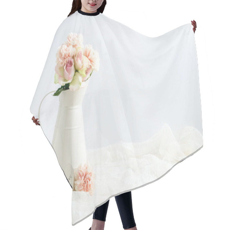 Personality  Styled Stock Image Of Flowers In A Cream Jug Hair Cutting Cape