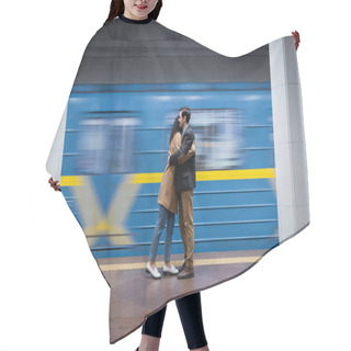 Personality  Motion Blur Of Interactional Couple Hugging Near Wagon In Subway Hair Cutting Cape