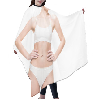 Personality  Cropped Shot Of Young Slim Woman In Underwear Standing With Hands On Waist Isolated On White Hair Cutting Cape