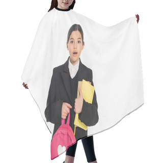 Personality  Shocked Schoolgirl Standing With Notebooks And Backpack On White, Back To School Concept Hair Cutting Cape