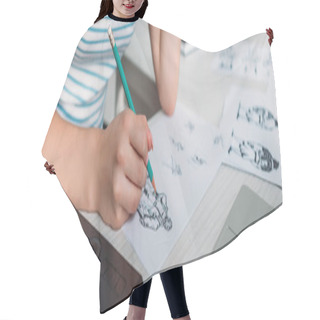 Personality  Panoramic Shot Of Illustrator Drawing Sketches In Studio  Hair Cutting Cape