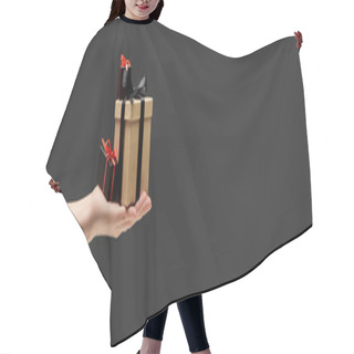 Personality  Cropped View Of Woman Holding Gift Boxes In Hand Isolated On Black, Panoramic Shot Hair Cutting Cape