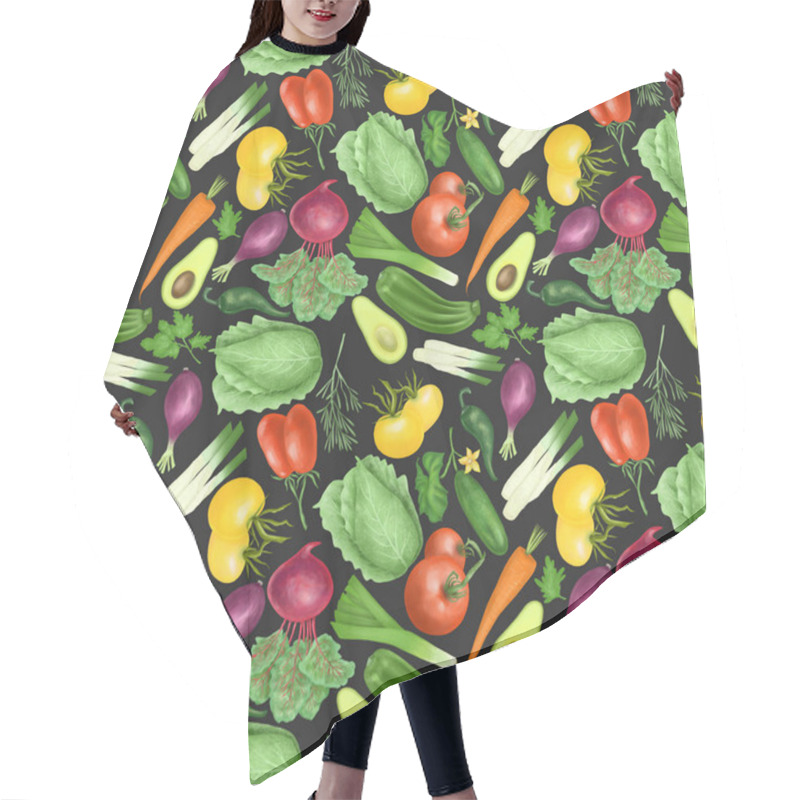 Personality  Seamless Pattern With Organic Vegetables (tomatos, Carrot, Beetroot, Purple Onion, Avocado, Cucumber, Zucchini, Leek, Cabbage, Parsley, Rosemary), Hand Drawn On A Dark Background Hair Cutting Cape