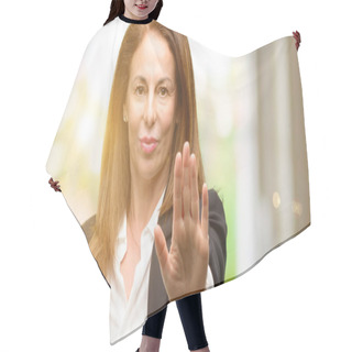 Personality  Middle Age Woman Wearing Jacket Annoyed With Bad Attitude Making Stop Sign With Hand, Saying No, Expressing Security, Defense Or Restriction, Maybe Pushing Hair Cutting Cape