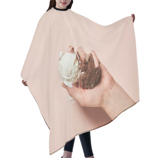 Personality  Cropped View Of Woman Holding Melted Brown And White Ice Cream On Pink Background Hair Cutting Cape