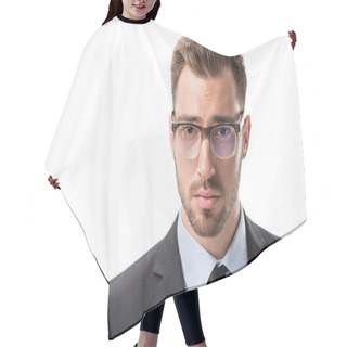 Personality  Young Businessman In Eyeglasses Hair Cutting Cape