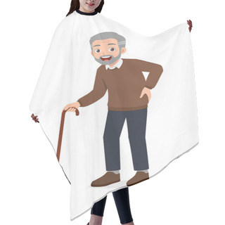 Personality  Old Man Using Walking Cane And Feel Happy Hair Cutting Cape