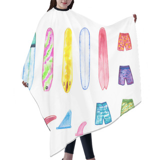 Personality  Hand Drawn Watercolor Longboards, Malibu Surf Board, Shorts And Fins. Surfing Set Isolated On White Background. Hair Cutting Cape