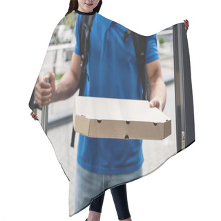 Personality  Cropped View Of Pizza Box In Hand Of Blurred Courier Near Door  Hair Cutting Cape