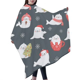 Personality  Seamless Pattern For Christmas And New Year With Cute Seals. Vec Hair Cutting Cape