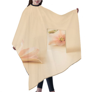 Personality  Pink Beautiful Lily Flower Reflecting In Mirror On Beige Table Hair Cutting Cape