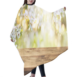 Personality  Spring Background With White Blossoms And Sunbeams In Front Of A Wooden Table Hair Cutting Cape