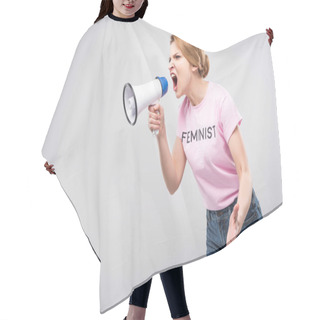 Personality  Woman In Pink Feminist T-shirt Yelling At Megaphone, Isolated On Grey Hair Cutting Cape