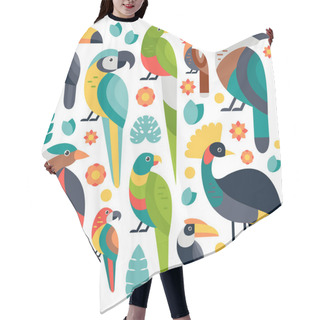 Personality  Flat Style Illustration With Toucan, Blue And Yellow Macaw, Bird Of Paradise And Other Types Of Birds. Vector Set Of Tropical Birds With Flowers And Leaves. Hair Cutting Cape