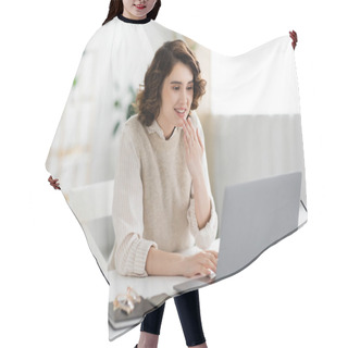 Personality  Cheerful And Young Teacher Showing Thank You Gesture During Online Lesson On Laptop  Hair Cutting Cape