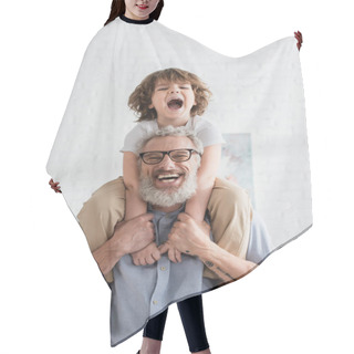 Personality  Excited Kid Hugging Smiling Grandfather  Hair Cutting Cape