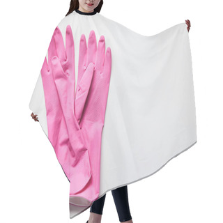 Personality  Top View Of Pink Rubber Gloves On Grey Background With Copy Space  Hair Cutting Cape