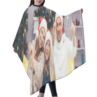 Personality  Happy Family In Santa Hats Holding Sparklers In Decorated Living Room, Banner Hair Cutting Cape