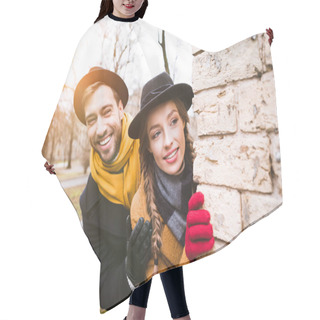 Personality  Cheerful Young Couple In Autumn Outfit Looking At Corner Hair Cutting Cape