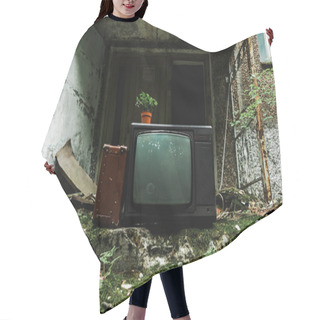 Personality  Retro Tv Near Travel Bag On Green Stairs With Mold  Hair Cutting Cape