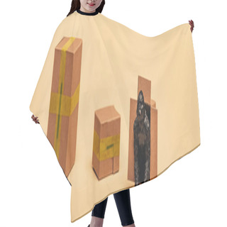 Personality  Panoramic Shot Of Toy Gorilla In Cardboard Container With Boxes On Yellow Background, Animal Welfare Concept Hair Cutting Cape