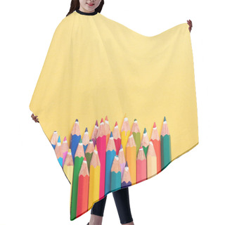 Personality  Top View. Pencils Are Colored On Top Of Each Other And Next To Each Other On A Yellow Background And Pointing Upwards Where There Is A Copy Space. Hair Cutting Cape