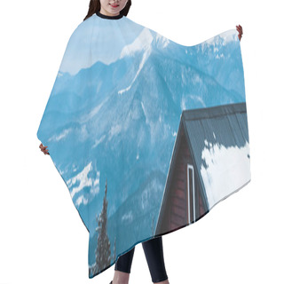 Personality  Scenic View Of Snowy Mountains With Pine Trees And Wooden House, Panoramic Shot Hair Cutting Cape