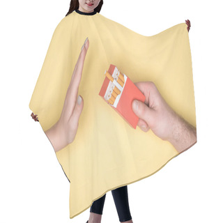 Personality  Cropped View Of Young Woman Refuses Cigarettes Isolated On Yellow, Stop Smoking Concept Hair Cutting Cape