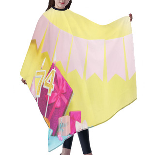 Personality  Date Of Birth With Cake And Number  74. Colorful Card Happy Birthday For A Girl. Copy Space. Anniversary Card Pink. Congratulations On The Decorations Are Beautiful. Hair Cutting Cape