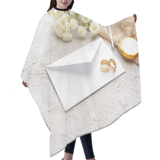 Personality  Golden Rings On White Envelope Near Chrysanthemums, Beige Sackcloth, Quill Pen And Compass On Textured Surface  Hair Cutting Cape