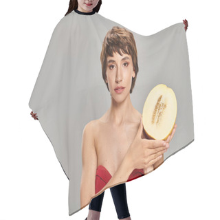Personality  A Woman In A Red Dress Seductively Holds An Apple. Hair Cutting Cape