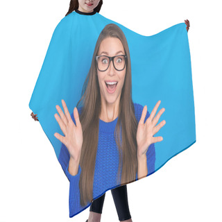 Personality  Portrait Of Attractive Cheerful Girlish Amazed Brown-haired Girl Sudden News Reaction Isolated Over Vivid Blue Color Background. Hair Cutting Cape