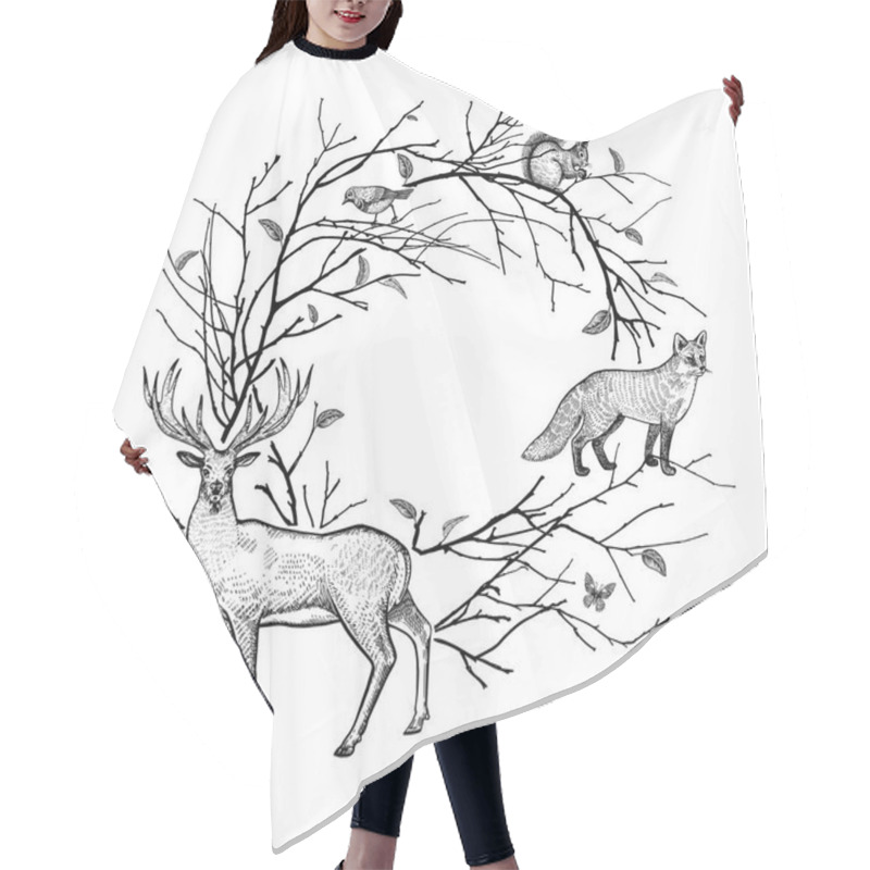 Personality  Decorative Frame With Tree Branches, Leaves And Animals. Black And White Background. Forest Animals Deer, Fox, Hare, Squirrel And Bird. Hand Drawing Of Wildlife. Vector Illustration Art. Vintage. Hair Cutting Cape