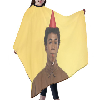 Personality  African American Teenager In Party Cap Blowing Horn Isolated On Yellow Hair Cutting Cape