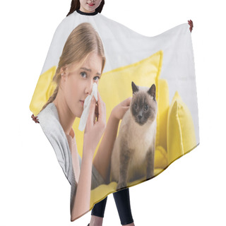 Personality  Young Woman Holding Napkin During Allergy Snuffle Near Siamese Cat On Couch  Hair Cutting Cape