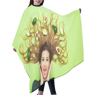 Personality  Excited Girl Lying With Avocado Fruits On Long Hair, Young Woman In Surprise, Of Facts, Female Beauty And Dieting Hair Cutting Cape