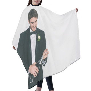 Personality  Happy Bridegroom Opening Champagne Bottle On White Background Hair Cutting Cape