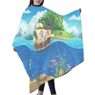 Personality  Cartoon Underwater World With Fish, Plants, Island And Ship Hair Cutting Cape