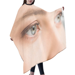 Personality  Cropped View Of Woman With Eye Shadows On Eyes Looking Away  Hair Cutting Cape