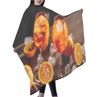 Personality  High Angle View Of Aperol Spritz In Glasses, Oranges And Ice Cubes On Black Background  Hair Cutting Cape