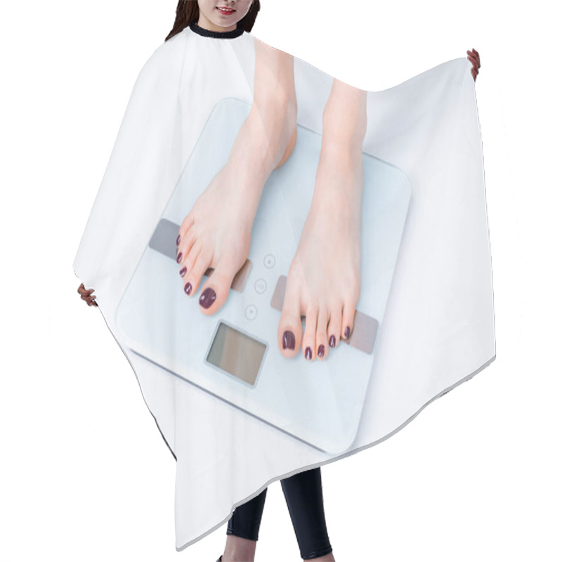 Personality  Woman on digital scales hair cutting cape