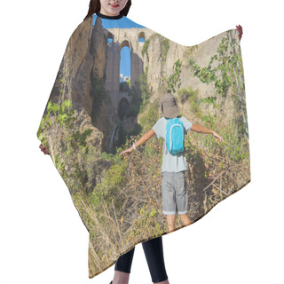 Personality  Happy Tourist Look At Magnificent Puente Nuevo In Ronda From Bottom Of El Tajo Gorge During His Sightseeing Tour In Spain Hair Cutting Cape