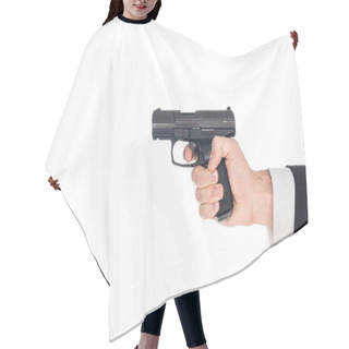 Personality  Partial View Of Killer Aiming With Gun, Isolated On White Hair Cutting Cape