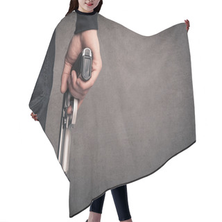 Personality  Killer With Gun Close Up Over Grunge Background With Copyspace. Hair Cutting Cape