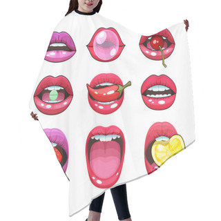 Personality  Sexy Woman Mouth Set. Red Sexy Girls Lips Stickers Expressing Differents Emotions. Sexy Sensual, Provocative Lips With Pepper, Lemon, Strawberry, Chewing Gum, Pill In The Teeth Vector Illustration Hair Cutting Cape