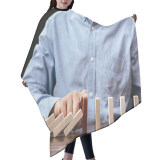 Personality  Partial View Of Man Touching Red Brick And Preventing Wooden Blocks From Falling  Hair Cutting Cape